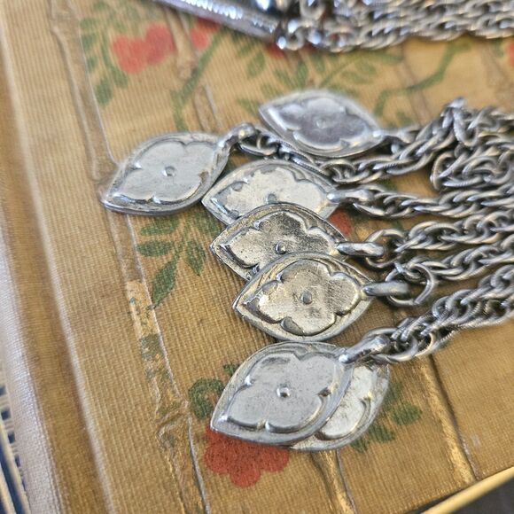 Vintage ACCESSOCRAFT Red Stone  Silver Fringe Statement Necklace Etruscan - Picture 5 of 10